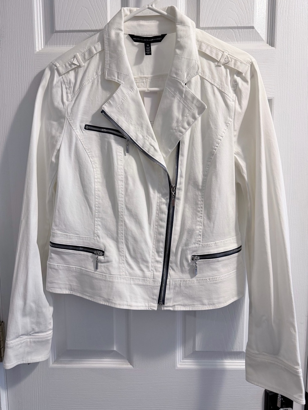 White House Black Market White Asymmetrical Zip Jean Jacket